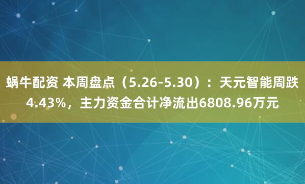蜗牛配资 本周盘点（5.26-5.30）：天元智能周跌4.43%，主力资金合计净流出6808.96万元